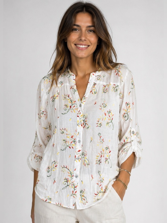 fig and flower Tops - Fig & Flower Embroidered Floral Button Front Boho Blouse White Roll Tab Sleeve M
